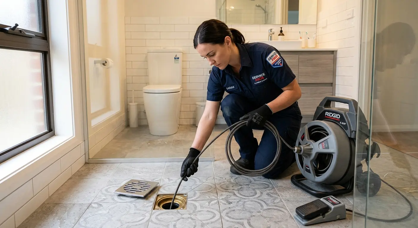 Technician clearing a bathroom floor drain for Sewer Line Installation in Memphis